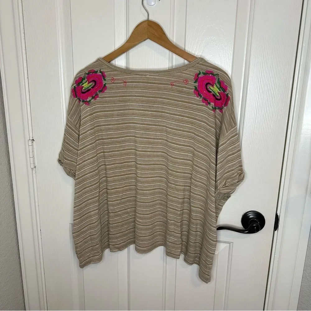 Free People Catalunya Tan White Striped Floral Embroidered Top Sz M Boho Preppy - Picture 4 of 8
